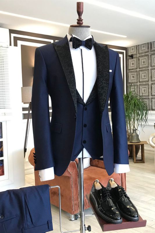 Modern Navy Three Piece Black Jacquard Point Lapel Men Business Suit