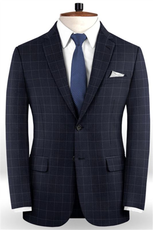 Dark Blue Check Men Suit | Fashion Notch Lapel Prom Tuxedo