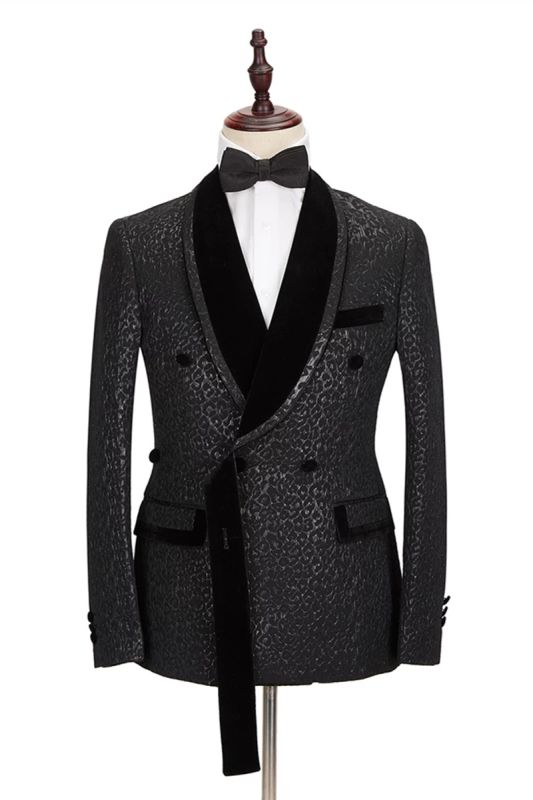 Stylish Velvet Lapel Double Breasted Prom Suit | Belt Leopard Black Jacquard Men Suit For Wedding