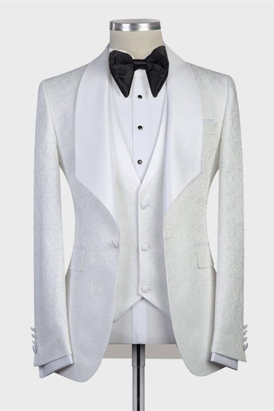 Jacoby Bespoke Three Piece White Jacquard Cape Lapel Wedding Tuxedo