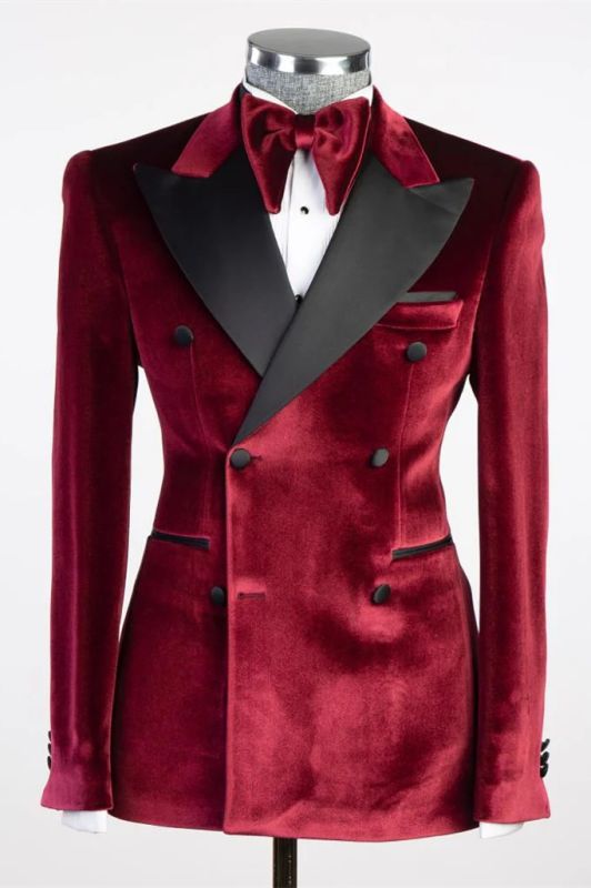 Burgundy Peaked Lapel Double Breasted Velvet Two Pieces Prom Suits