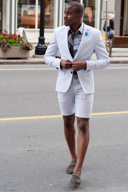 Kelvin White Summer Notch Lapel Fashion Suit With Shorts