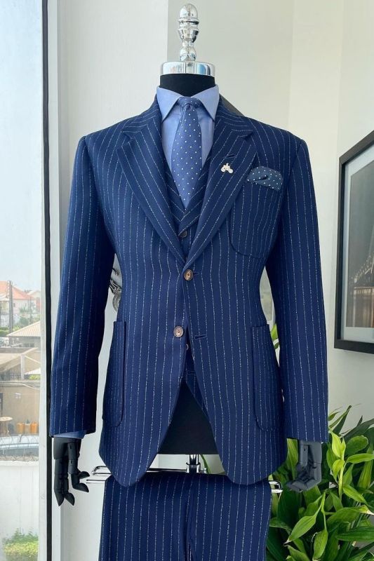 Navy Blue Pinstripe Three Piece Men Formal Business Suit with Waistcoat