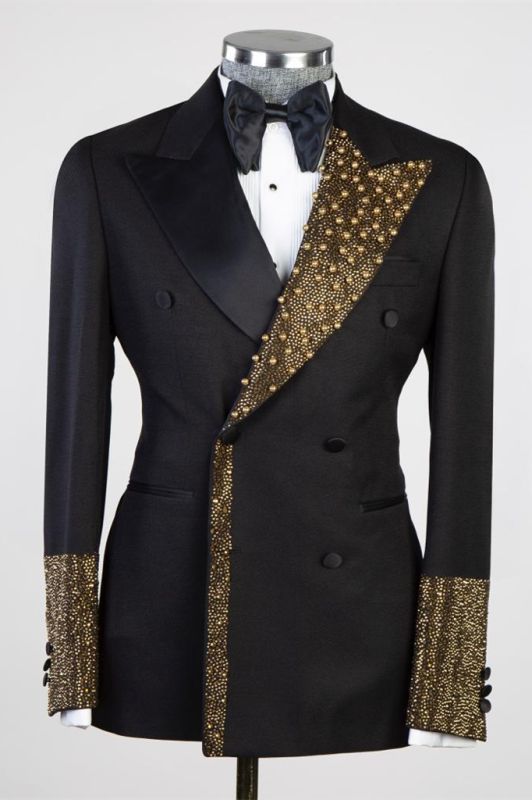 Black peak lapel double-breasted two-piece ball suit｜with gold beads