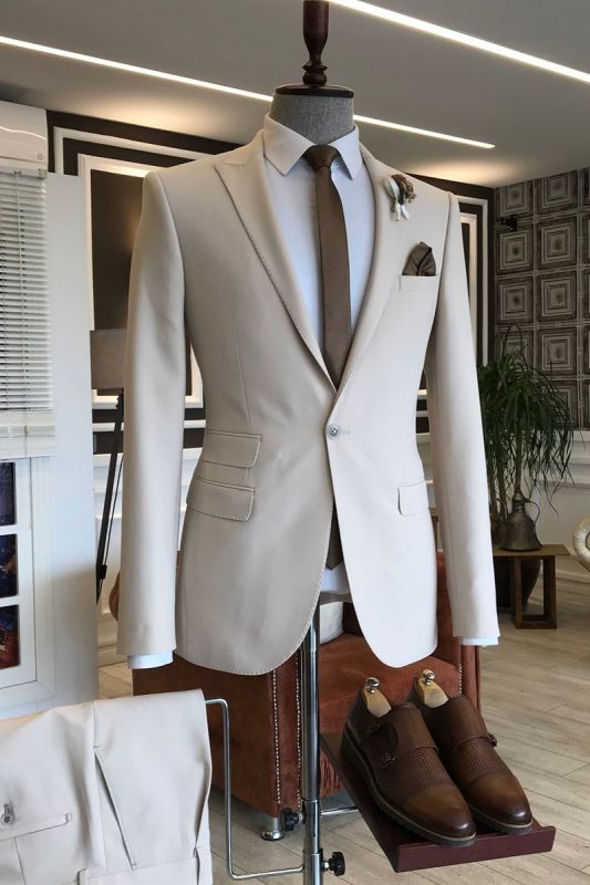 Formal Light Khaki Pointed Lapel One Button 3 Flaps Men Suit