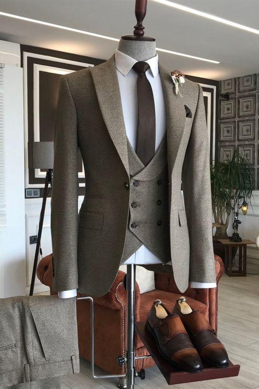 David Elegant Solid Dark Brown Pointed Lapel One Button Men Business Suit