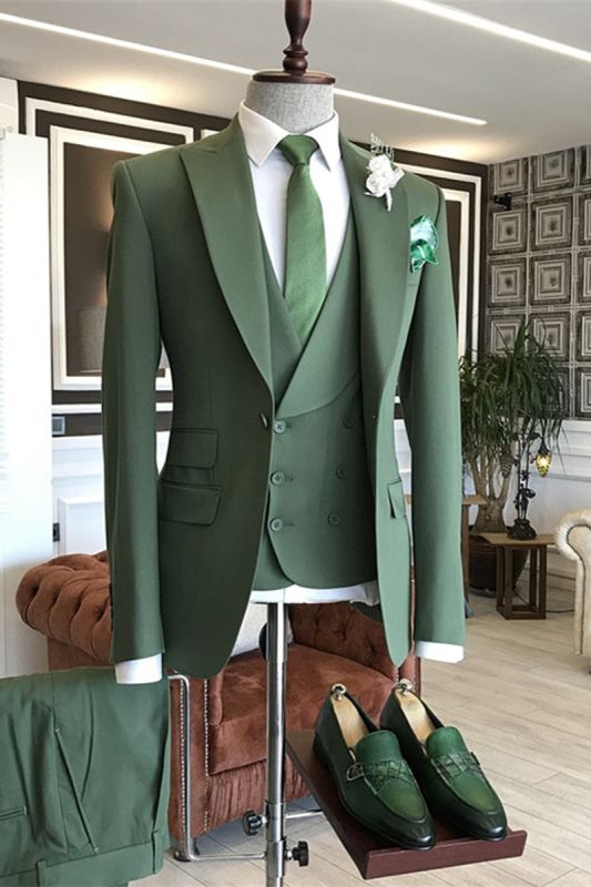 Malcolm Green Three Piece Slim Fit Peaked Lapel Men Suits