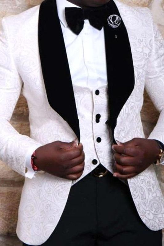 Handsome White Groom Tuxedo Online | Jacquard Three Piece Men Suit
