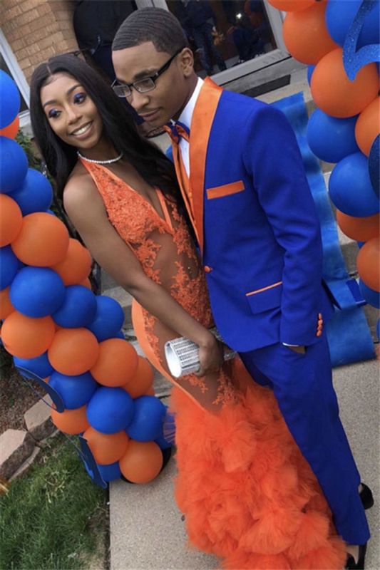 Unique Royal Blue Prom Suit Online | Orange Lapel Slim Fit Men Suit