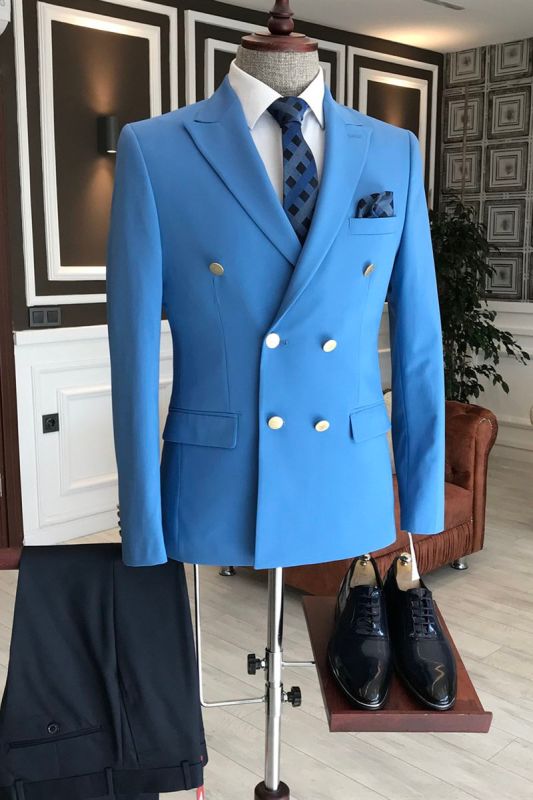 Solomon Solid Blue Pointed Lapel Double Breasted Business Men Suit