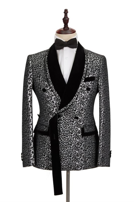 Black Stitching Silver Leopard Jacquard Men Suit | Shawl Lapel Double Breasted Wedding Suit For Formal With Shirt