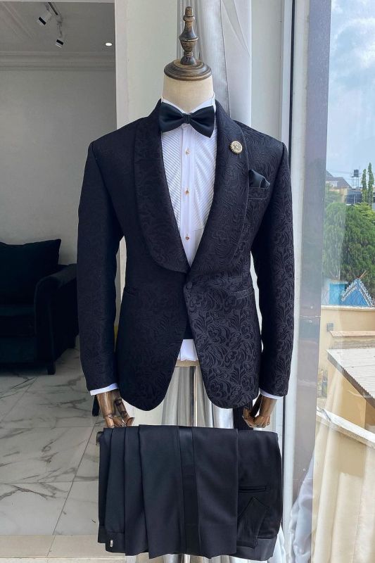 Groom Black Jacquard Wedding Two Piece Suit