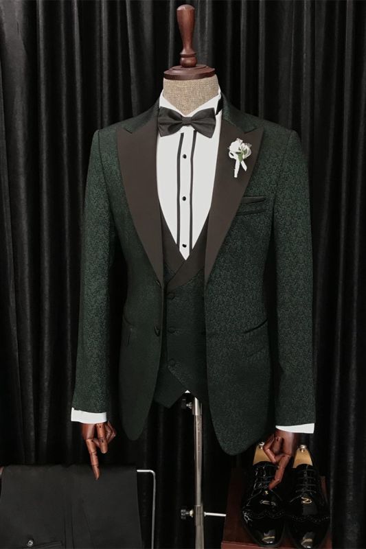 Burt Dark Blue Chic Point Lapel Three Piece Jacquard Men Suit