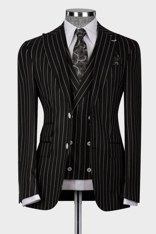 Slim High Waist Three Piece Pinstripe Black Business Suit With Vest