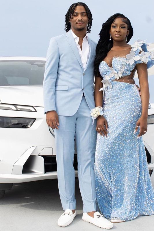 Sky Blue Slim Fit Two Piece Notch Lapel Close Fitting Prom Suit