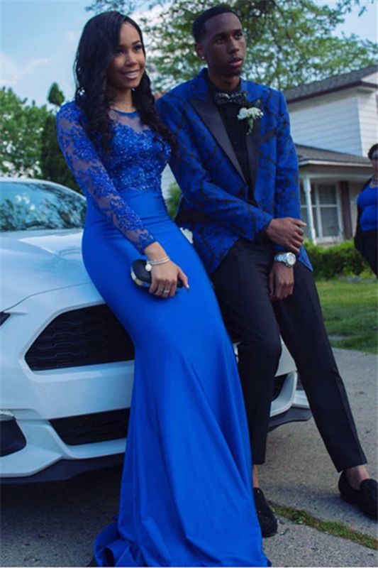 Royal Blue Jacquard Fashion Boys Black Lapel Prom Suit