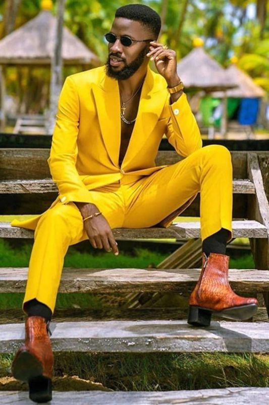 Ahmed Hot Yellow Pointed Lapel One Button Men Fit Prom