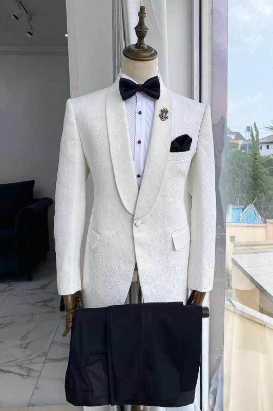 White Jacquard Wedding Groom Two Piece Suit with Black Pants