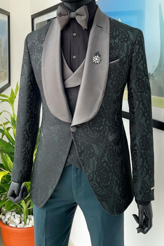 Fashion Sage Shawl Lapel Three Pieces Jacquard Wedding Men Suits