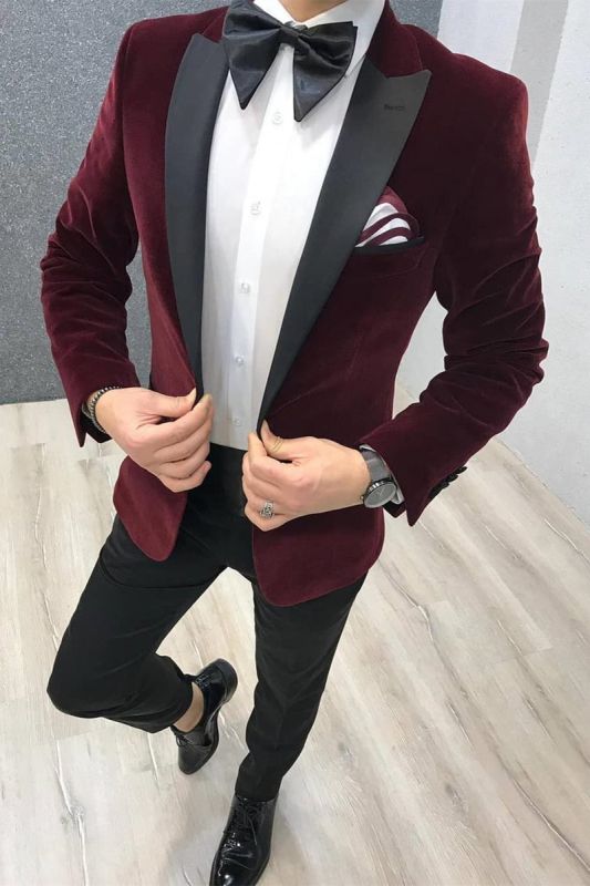 Two Piece Burgundy Velvet Wedding Suit | Black Satin Point Lapel Wedding Tuxedo