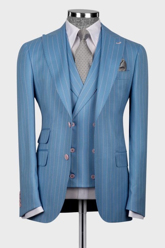 Cheng Gentlemen Blue  Pinstripe Three Piece Business Suit with Waistcoat