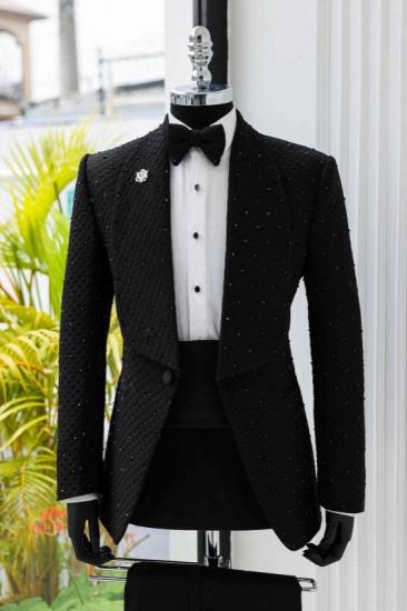 Black Shawl Lapel Waffle Plaid Prom Suits With Rhinestones