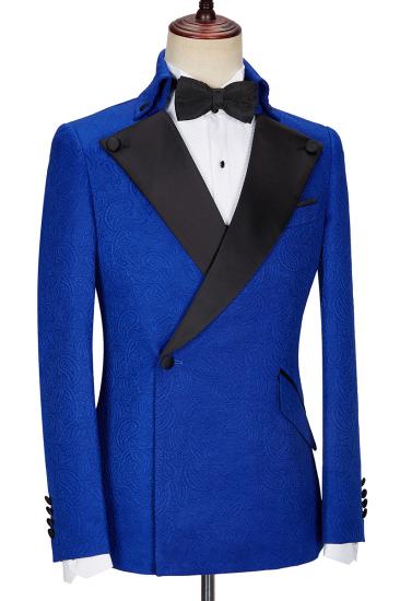 Fashion New Royal Blue Jacquard Black Lapel Two Pieces Wedding Suit_3