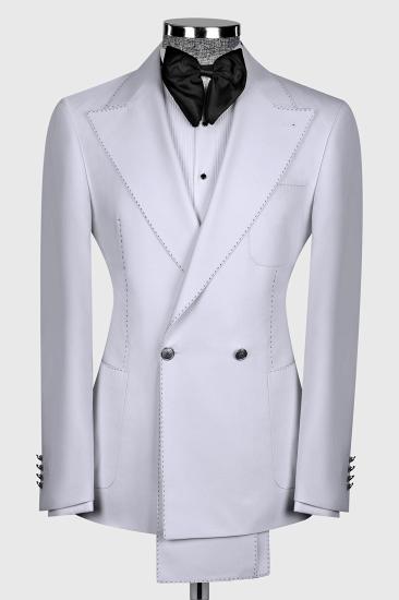 Pure White Peak Lapel Double Breasted Black Seam Men’s Suit_1