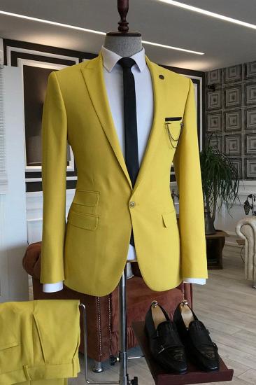 Solomon Yellow Pointed Lapel One Button 3 Flaps Prom Men Suit_2