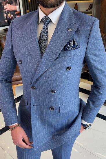 Alfred Blue Striped Peaked Lapel Double Breasted Business Suits