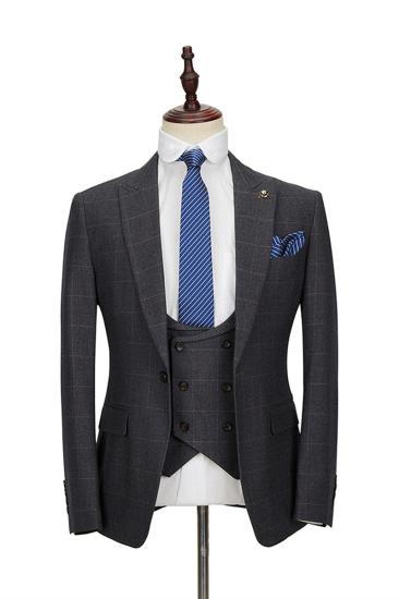 Classic Dark Gray Plaid Peak Lapel Three Piece Men Suit With Double Breasted Waistcoat