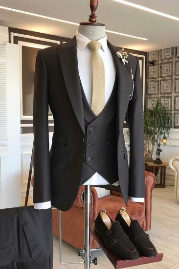 Classic Three Piece Dark Brown Peak Lapel Business Men Suit | Double Breasted Waistcoat_1