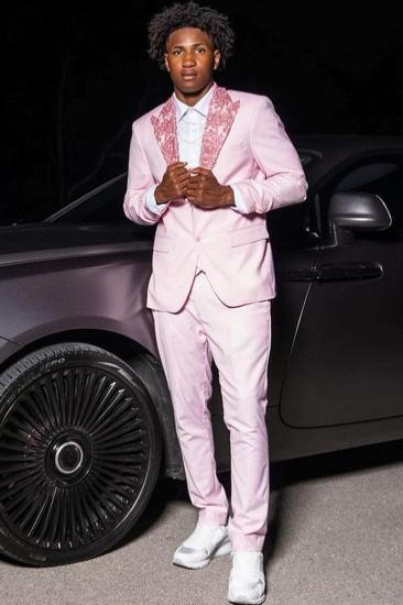 Pink Lace Peaked Lapel Two Piece Prom Suit_1