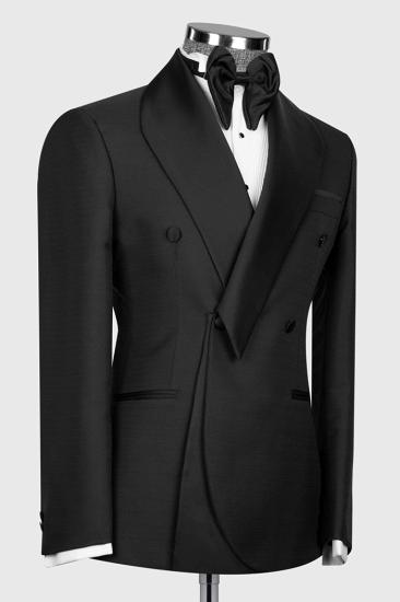Powell Black Shawl Lapel Double Breasted Linen Wedding Suits_2