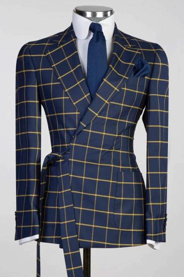 Otto Navy Peaked Lapel Plaid Prom Suits