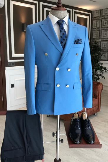 Solomon Solid Blue Pointed Lapel Double Breasted Business Men Suit_2