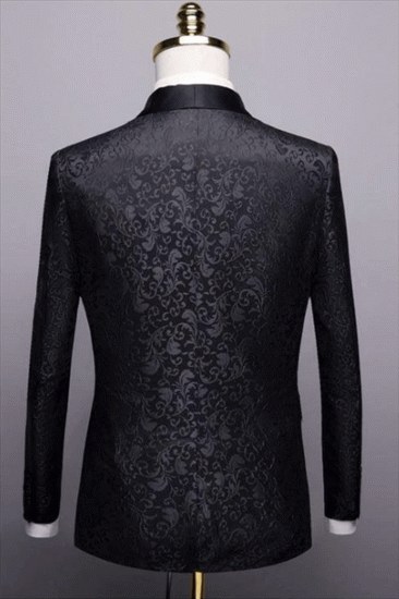 Black Jacquard Shawl Lapel Men Suit | Unique Slim Two Piece Wedding Groom Tuexdos_2