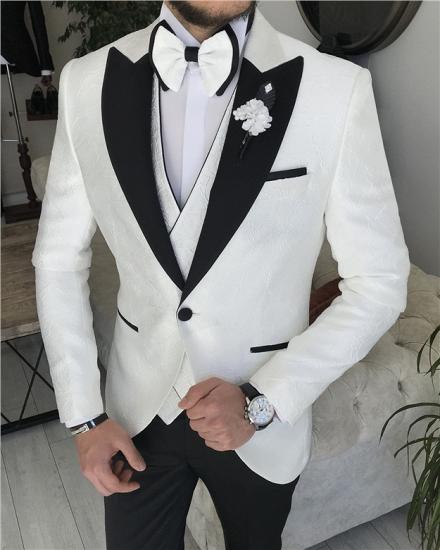 White Lapel Collar Jacquard Men Three Piece Suit Groom Suit_4