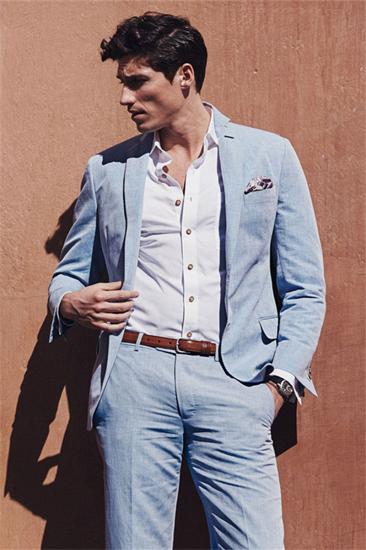 Fashion Casual Sky Blue Summer Men Suit | 2 Piece Men Linen Beach Wedding Suit_1