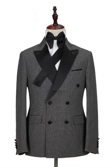 Modern Black-and-Gray Cruciform Satin Peak Lapel Double Breasted Men Formal Suit