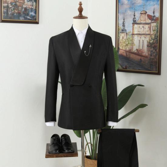 Black Shawl Lapel Double Breasted Wedding Men Suits_4
