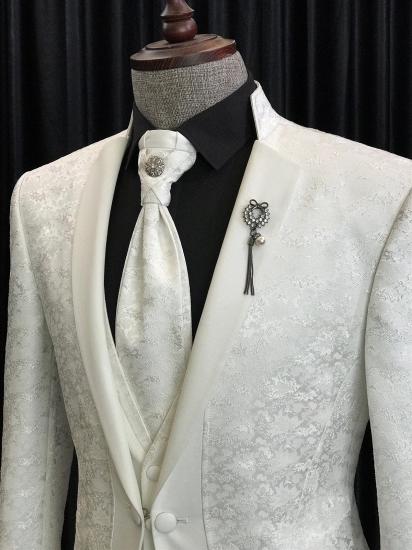 New White Jacquard Three Piece Wedding Suit With Special Lapel_2
