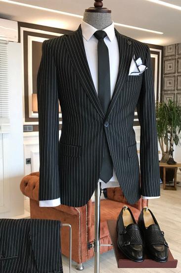 Reg Regular Black Striped Serrated Lapel Men Suit Jacket_2