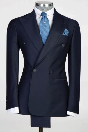 Slim Fit Navy Peak Lapel Double Breasted Two Piece Prom Suit_1