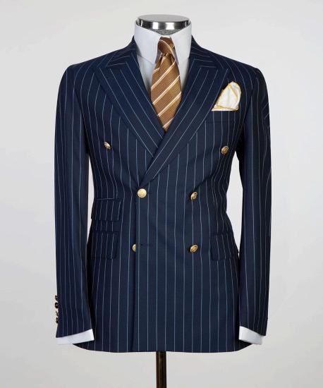 Navy Blue Slim Fit Double Breasted Pinstripe Mens Business Two Piece Suit_4