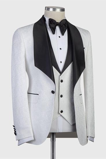 Paxton White Three Piece Jacquard Wedding Groom Suit With Black Shawl Lapel_2