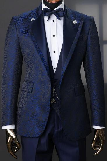 Groom Navy Blue Jacquard Wedding Three Piece Suit