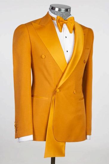 Stylish Orange Peaked Lapel with Two-layer Satin Double Breasted Men's Suit_2