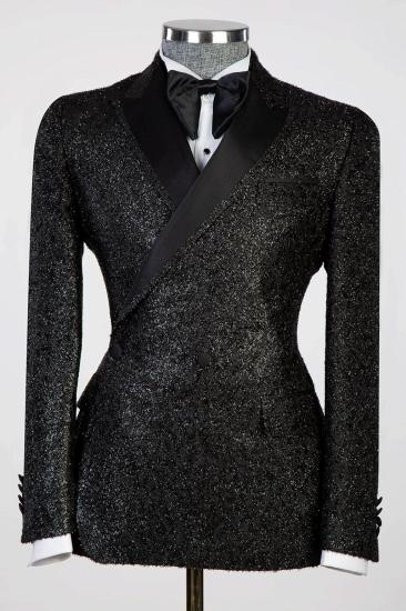 Vintage Black Frosted Side One Button Men's Suit with Satin Lapel_1