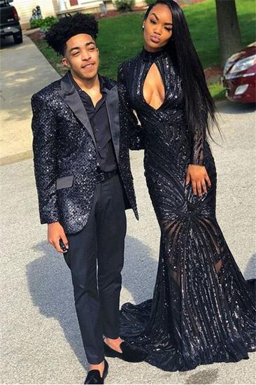 Black Sequin Men Suits Online | Unique Peak Lapel Two Piece Prom Suit_1